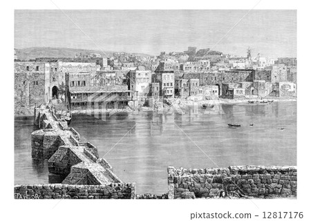 Northern Port of Sidon in Lebanon, vintage engraving 12817176