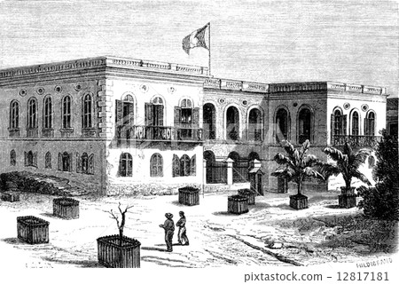 Government House in Goree, vintage engraving. 12817181