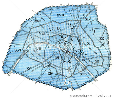 Map of concentric enclosures, Paris, vintage engraving. 12817204