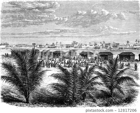 Market Saint Louis, Guet Ndar, vintage engraving. 12817206