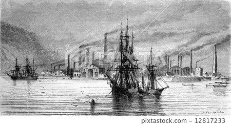 Swansea factories and docks, vintage engraving. 12817233