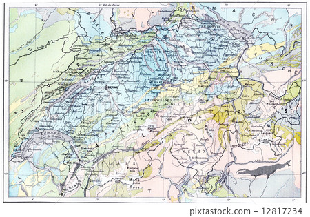 Topographical Map of the Alps, vintage engraving 12817234