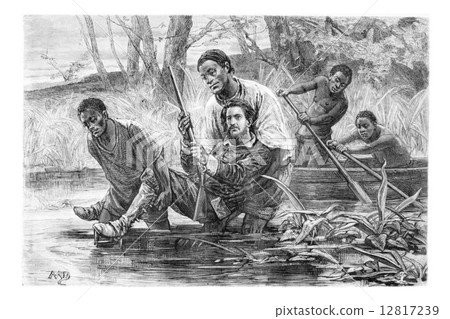 Aogousto and Son Carrying the Major Over the Marsh, vintage engr 12817239