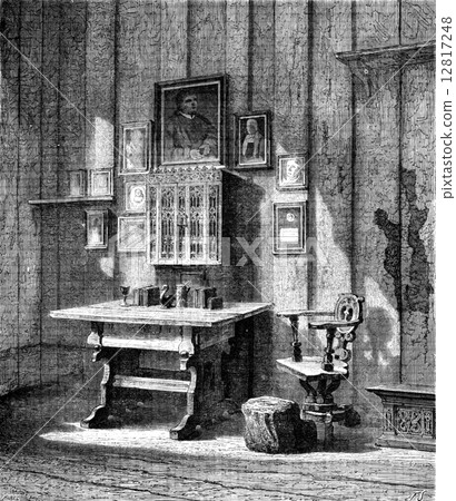 Luther's room at Wartburg, the ink stain, vintage engraving. Luther's room at Wartburg, the ink stain, vintage engraving. 12817248