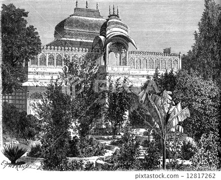 Gardens of the island of Jag Niwas, Udaipur, vintage engraving 12817262