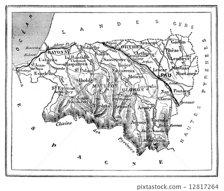 Map of the department of Lower Pyrenees, vintage engraving. Map of the department of Lower Pyrenees, vintage engraving. 12817264