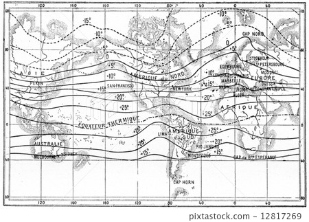 Map of isothermal lines, vintage engraving. Map of isothermal lines, vintage engraving. 12817269