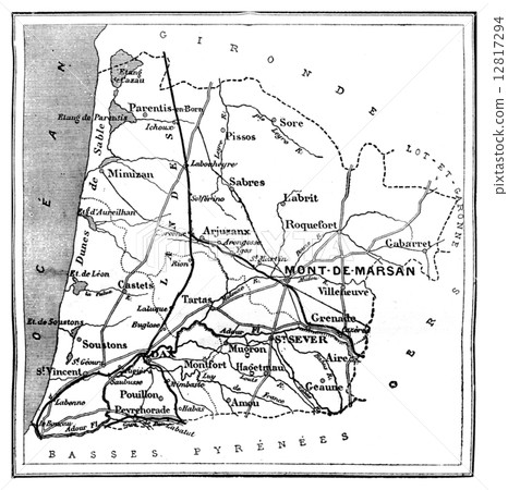 Map of Des Landes department, vintage engraving. 12817294