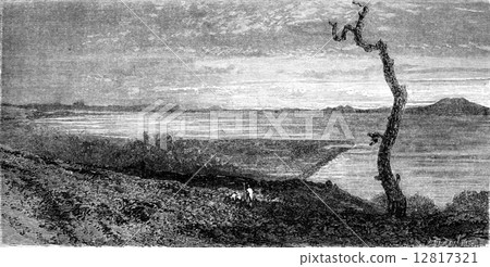 Lake Tana, vintage engraving. 12817321
