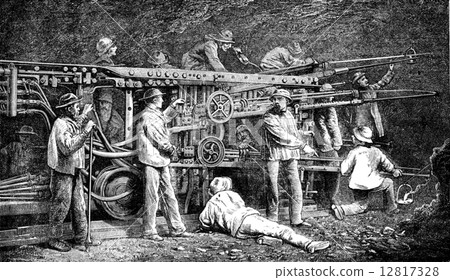 Machine used in tunneling of the Alps, vintage engraving. Machine used in tunneling of the Alps, vintage engraving. 12817328