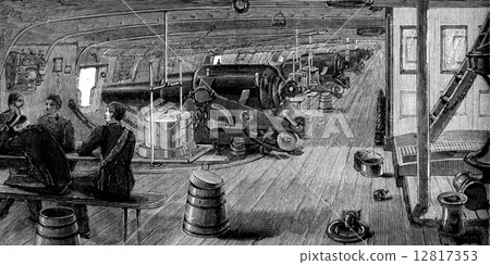 Life on board. The battery, vintage engraving. Life on board. The battery, vintage engraving. 12817353
