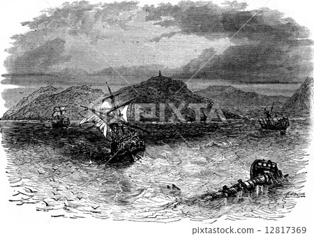 A naval battle. He took the collision three vessels, vintage eng A naval battle. He took the collision three vessels, vintage eng 12817369