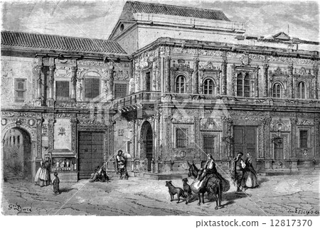 Palace of the Ayuntamiento, Seville, vintage engraving. 12817370