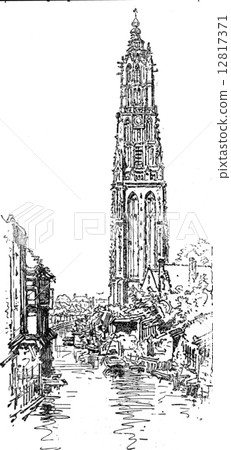 The tower of Our Lady in Amersfoort, vintage engraving. The tower of Our Lady in Amersfoort, vintage engraving. 12817371