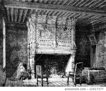 Arnay-le-Duc. Fireplace in one of the castle, vintage engraving. Arnay-le-Duc. Fireplace in one of the castle, vintage engraving. 12817377