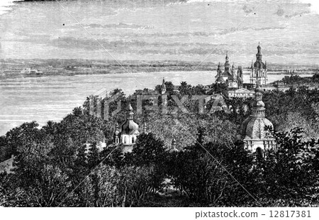 Convent Saint Theodosia in Kiev, vintage engraving. 12817381