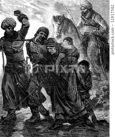 Men and women are driven by looters, vintage engraving. 12817382