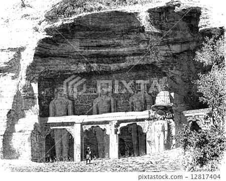 Cave of Tirthankaras in the Ourwhai, Gwalior, vintage engraving. 12817404