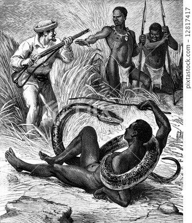 The country of snakes. The snake charmer, vintage engraving. 12817417