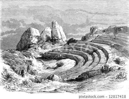 Ruins of Italica, near Seville, vintage engraving. Ruins of Italica, near Seville, vintage engraving. 12817418