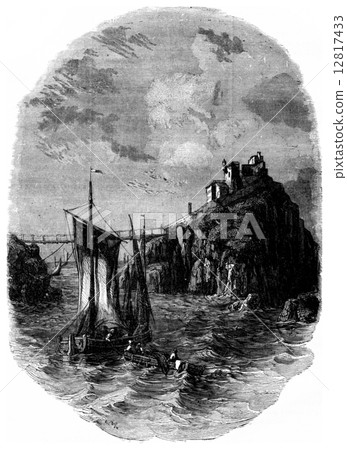 The handle to the sharks. The rustic bridge, vintage engraving. 12817433