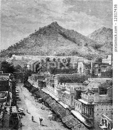Bazaar Kowjah Sayed at Ajmer, vintage engraving. 12817436