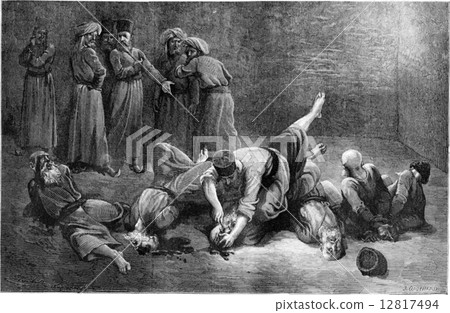 The torture of prisoners in Khiva, vintage engraving. 12817494
