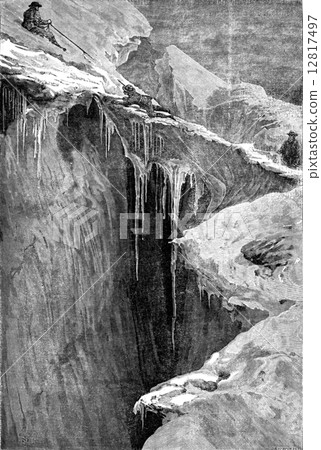A bergschrund the Dent Blanche, vintage engraving. 12817497