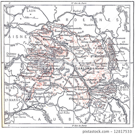 Topographical Map of Marne in Champagne-Ardenne, France, vintage 12817533