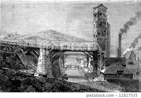 Swansea Canal, vintage engraving. 12817535