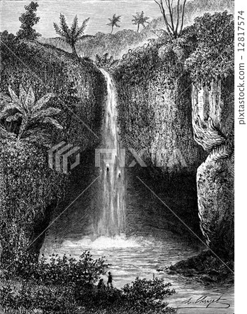 River Falls in Tondano, vintage engraving. 12817574