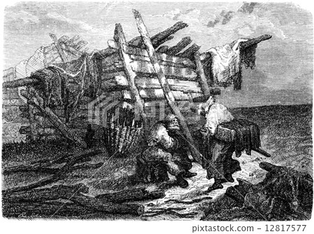 A peasant hut near Iggafer, vintage engraving. 12817577