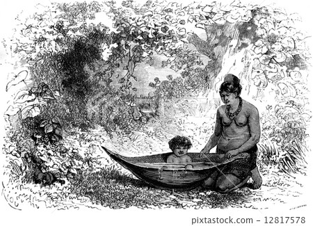 Bath in a palm spathe, vintage engraving. Bath in a palm spathe, vintage engraving. 12817578