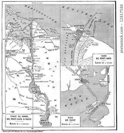 Map of Suez Canal, vintage engraving. 12817588