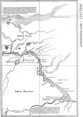 Crossing South America, Map, vintage engraving. 12817600
