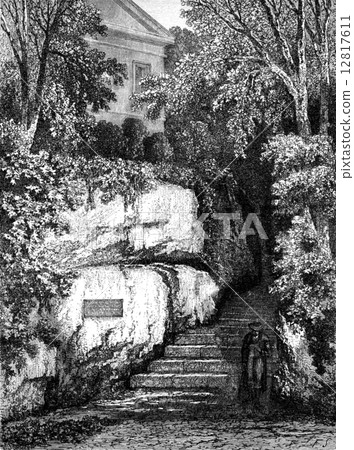 The walk Goethe in Weimar, vintage engraving. 12817611