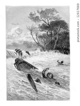 Swimming to Safety, vintage engraving 12817669