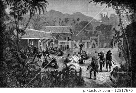 Night Scene, Party at a Mandarin, vintage engraving. 12817670