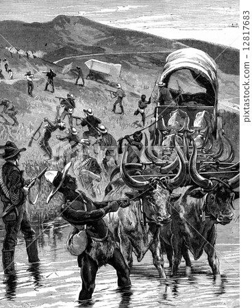 The Boers. Crossing a ford on the enemy, vintage engraving. 12817683