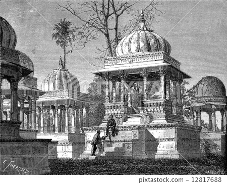 Tombs of the Kings at Maha Sati Ahar, in Udaipur, vintage engrav Tombs of the Kings at Maha Sati Ahar, in Udaipur, vintage engrav 12817688