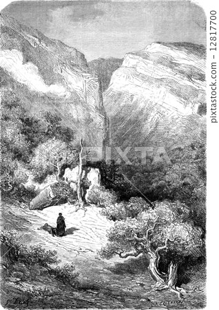 Ravine in the Sierra de Ronda, vintage engraving. 12817700