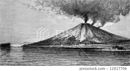 The volcano in Banda, vintage engraving. 12817706