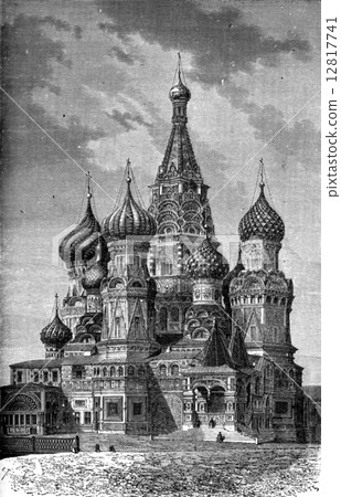 St. Basil Church on the Red Square in Moscow, vintage engraving. 12817741