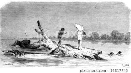 A bath in the middle of river, vintage engraving. 12817743