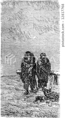 In the snow by roadside, vintage engraving. 12817768