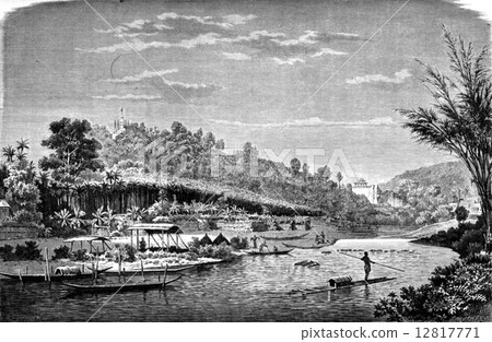View of the Nam Khan River on Luang Prabang, vintage engraving. 12817771