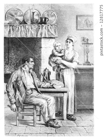 Interior Peasants of Brabant, vintage engraving 12817775