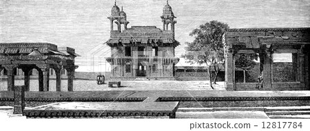 Diwan-i-Khas and court Pachisi to Fatehpur Sikri, vintage engrav 12817784