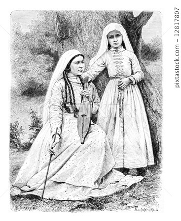 My Hostess and Her Daughter, vintage engraving 12817807