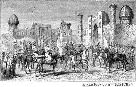 Enter the emir in Samarkand, vintage engraving. 12817954